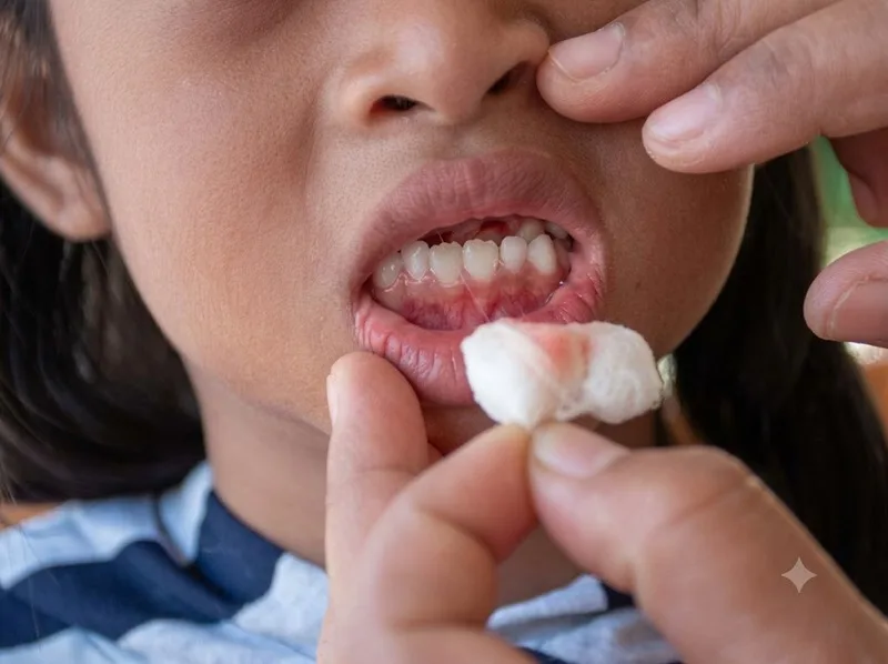 Dùng gạc sạch ấn nhẹ giúp xử trí ban đầu khi nướu rỉ máu.