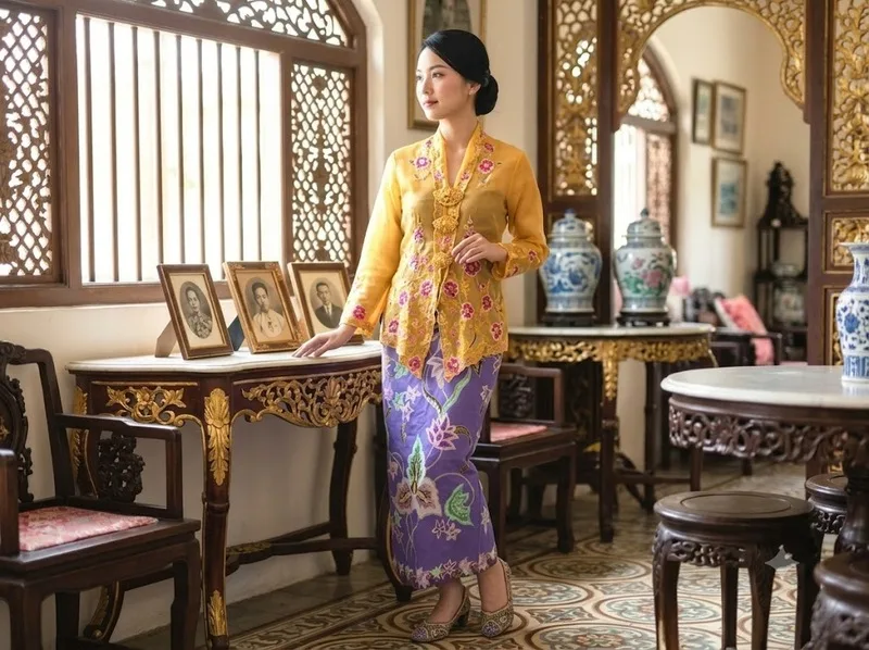 Nyonya Kebaya nổi bật với đường thêu hoa tinh xảo và váy sarong